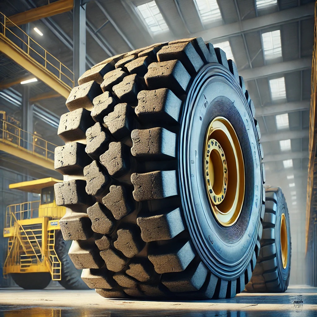 Neumático OTR industrial en primer plano sobre suelo de taller